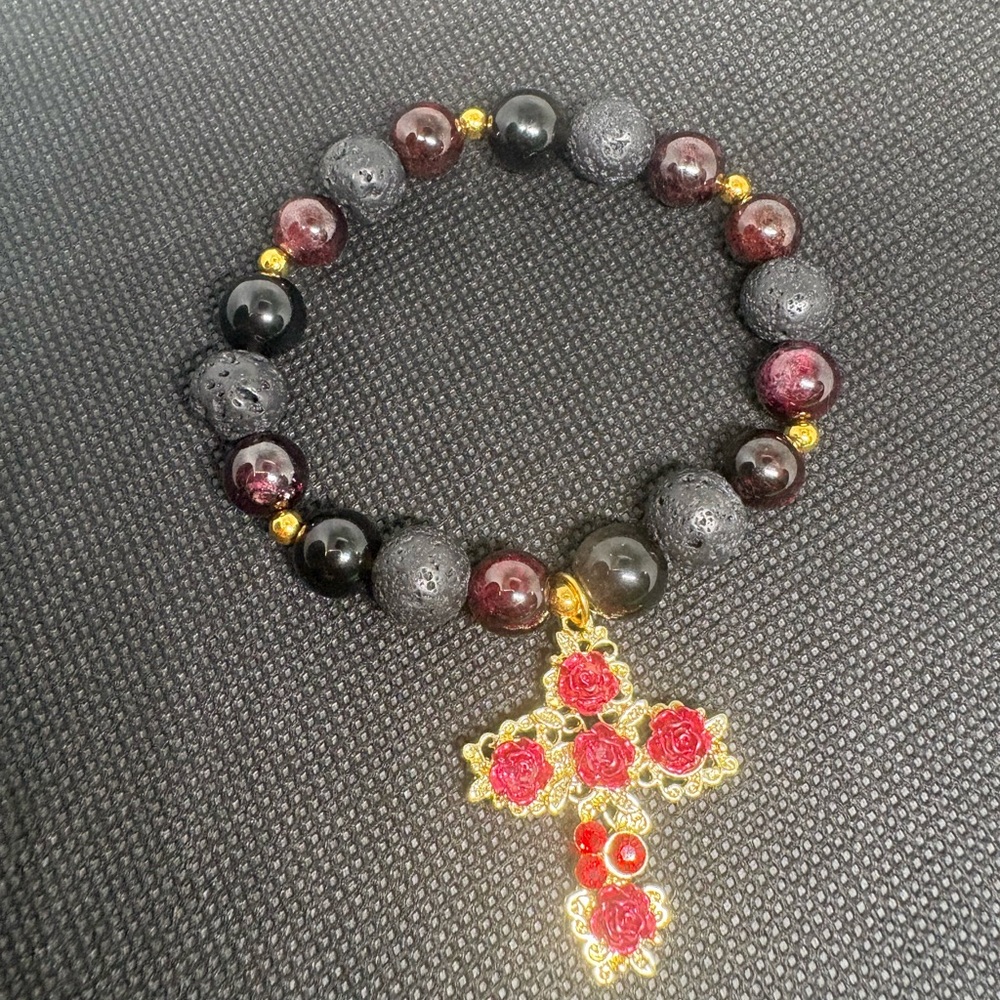 Gold and Red Cross Charm Natural Crystal Bracelet